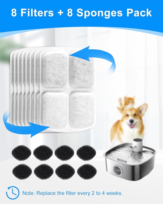 8+8 Pack Dog Water Filter Replacement, Pet Water Fountain Filters Compatible with FEELNEEDY 8L Dog Water Fountain FN-W18, Cat Water Fountain Filters with Pump Sponges for Dog Water Fountain