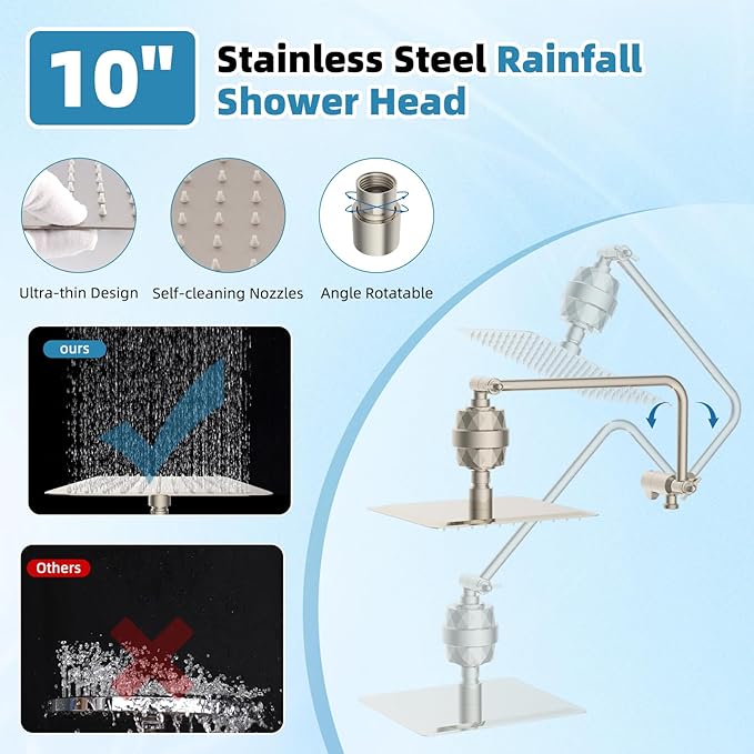 Filtered Shower Head, 10" High Pressure 10-Spray Handheld/Rainfall Shower Head Combo with 20 Stage Shower Filter, 11" Shower Extension Arm, 71" Hose, Shower Head Holder, Brushed Nickel