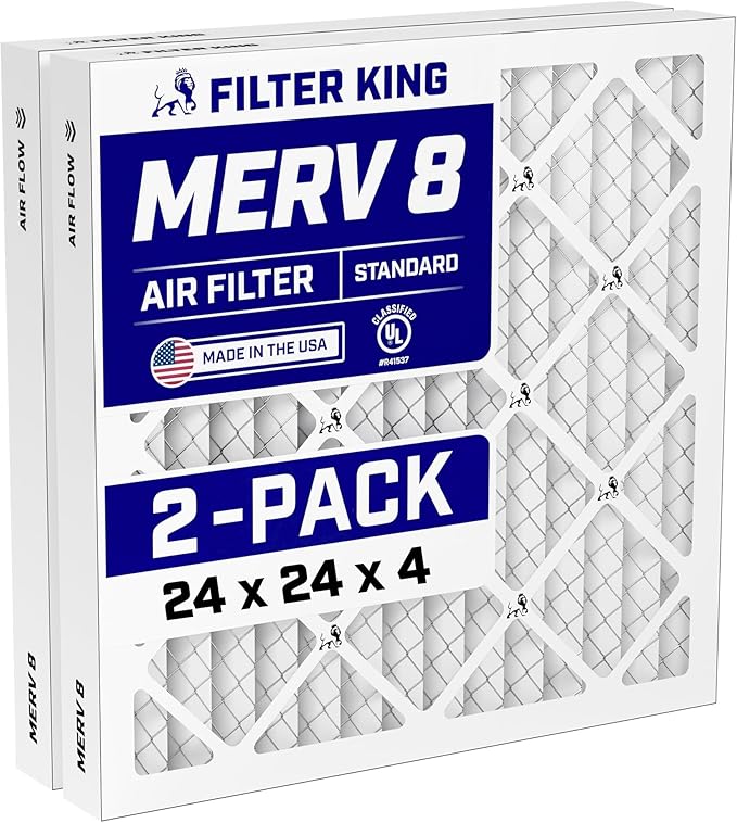 Filter King 24x24x4 Air Filter (MERV 8) (2-Pack) Dust & Allergy Control AC Furnace Filters, MADE IN USA, HVAC, Pleated, Electrostatic (Actual Size: 23.38 x 23.38 x 3.75)
