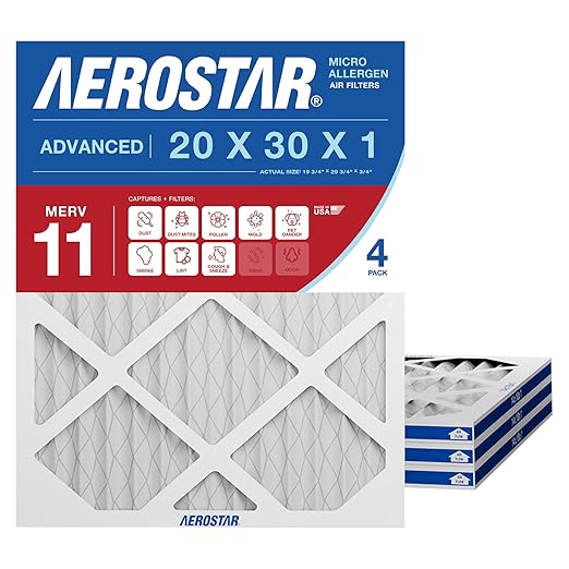 Aerostar 20x30x1 MERV 11 Air Filter, 4 Pack Set of HVAC Furnace Filters, Electrostatic MPR 1000-1200 & FPR 7 (Actual Size: 19 3/4 x 29 3/4 x 3/4 inches)