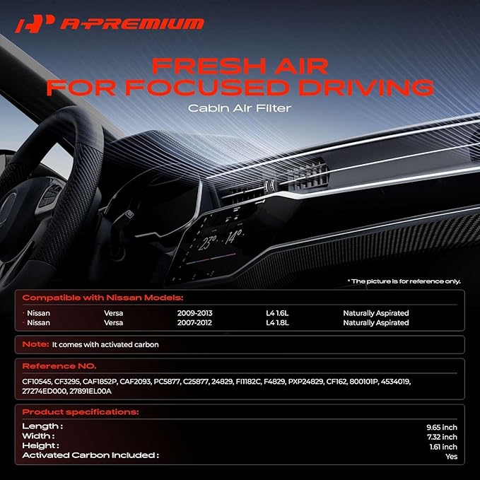 A-Premium Cabin Air Filter with Activated Carbon Compatible with Nissan Versa 2007-2013, 1.6L 1.8L, Replace# 27274ED000