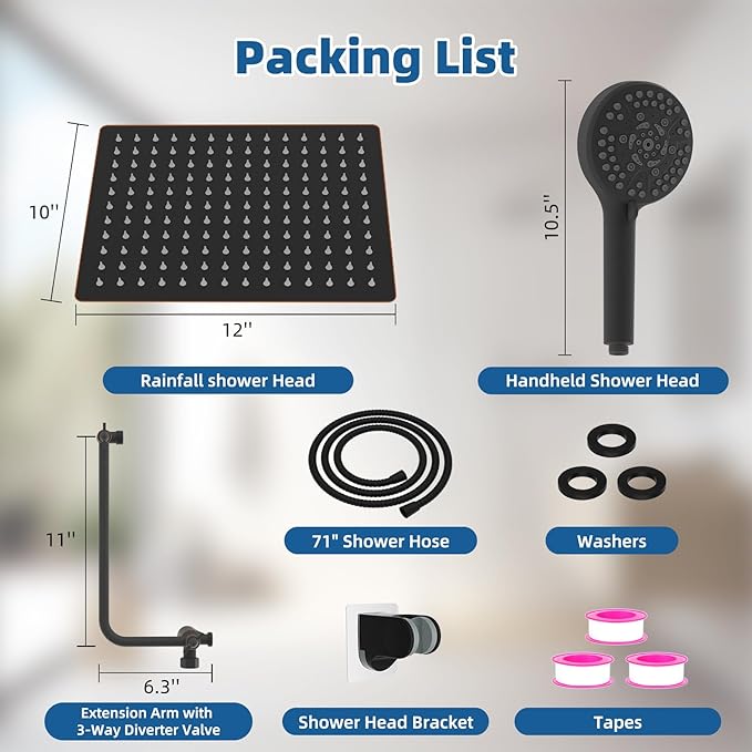 12" All Metal Shower Head, High Pressure 10-Spray Handheld Showerhead Rainfall Shower Head Combo with 11" Adjustable Shower Extension Arm, 71" Hose, Shower Head Holder, Oil Rubbed Bronze