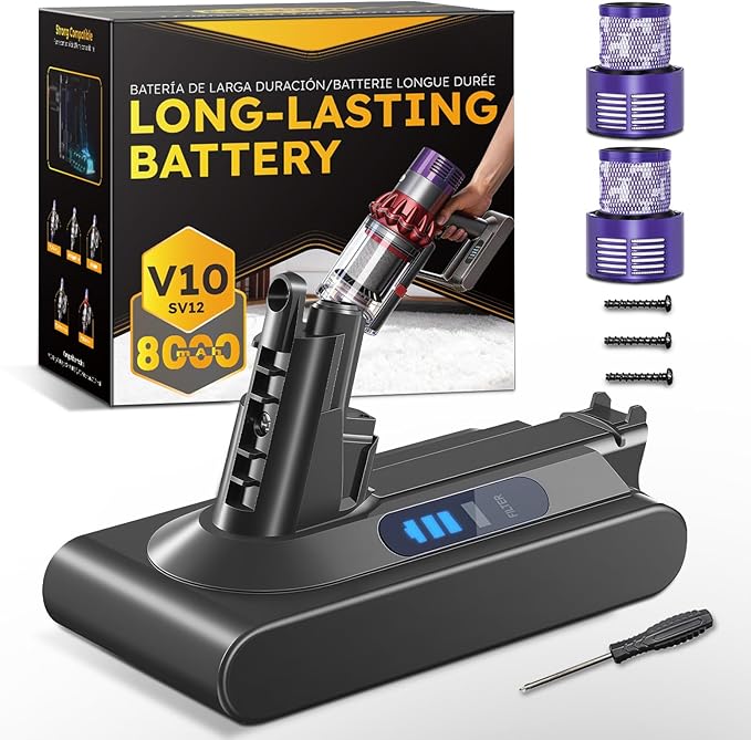 Upgraded 8000mAh 25.2V Li-ion V10/SV12 Battery Replacement Compatible with Dyson V10 Animal/Absolute/Motorhead/Cyclone Series Cordless Vacuum Cleaner, Includes 2 Filters (Not for V8/SV10)