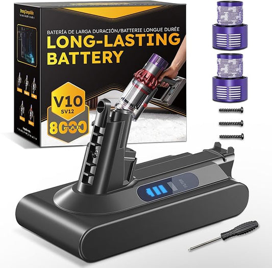 Upgraded 8000mAh 25.2V Li-ion V10/SV12 Battery Replacement Compatible with Dyson V10 Animal/Absolute/Motorhead/Cyclone Series Cordless Vacuum Cleaner, Includes 2 Filters (Not for V8/SV10)
