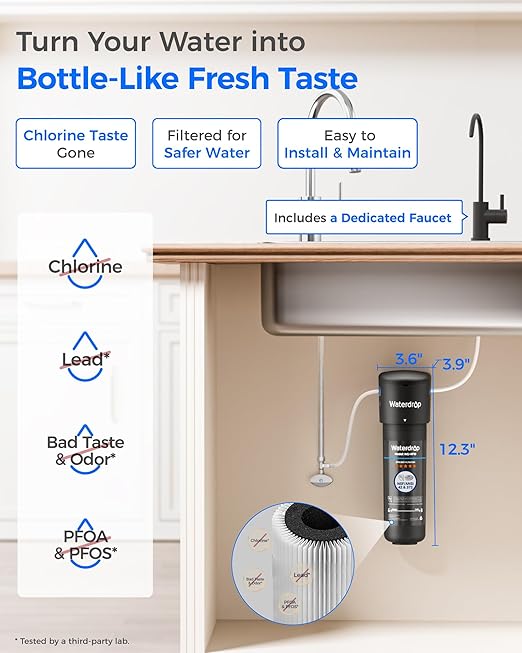 Waterdrop 10UB-B Under Sink Water Filter System, Reduces PFAS, PFOA/PFOS, Lead, Chlorine, Bad Taste & Odor, NSF/ANSI 42 Certified, Under Sink Water Filter with Black Faucet, 1 Year