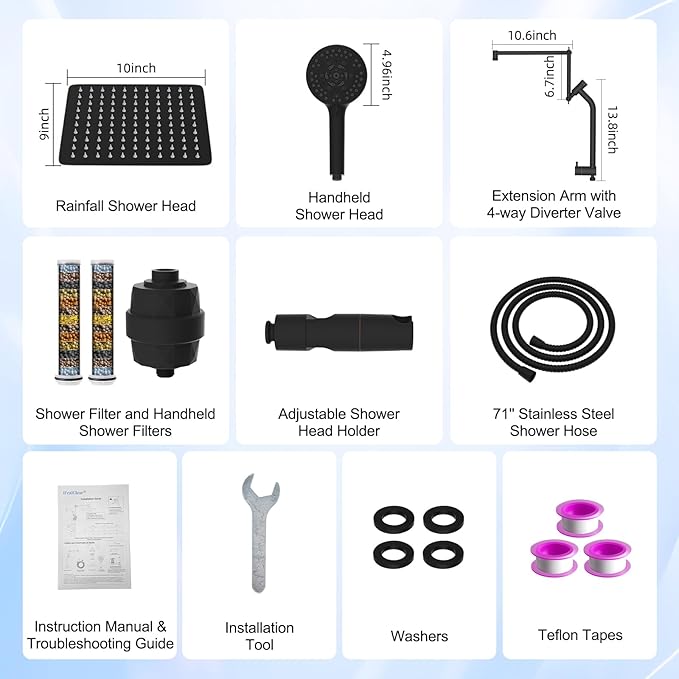 Filtered Metal 10" Rain Shower Head Combo- High-Pressure 10-Mode Handheld Shower with Power Wash, Easy Reach 4-Way Diverter with Pause Mode, Adjustable 16" Extension Arm/71" Hose, Oil Rubbed Bronze