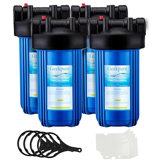 Geekpure 10-Inch Whole House Water Filter Housing with Wrench and Bracket-4.5 x 10 Inch-3/4-Inch Port-Pack of 4