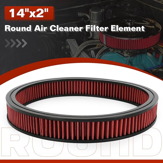 PTNHZ Red Round Air Cleaner Filter Element High Flow Replacement With Chevy Buick Ford GMC Oldsmobile Pontiac (14" x 2")