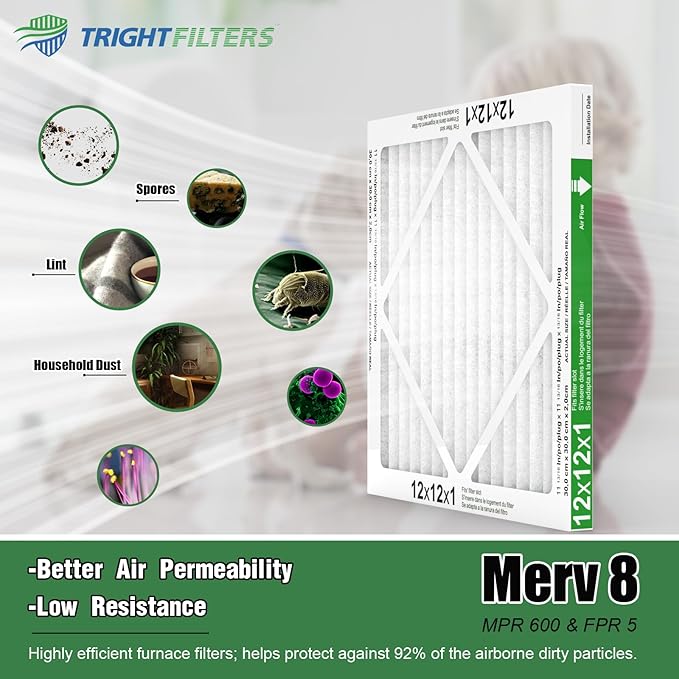 TRIGHTFILTERS 12x12x1 Air Filter 6 Pack, Durable MERV 8 Pleated Home HVAC AC Furnace Filters, Lightweight Compact Air Conditioner Filter Replacement