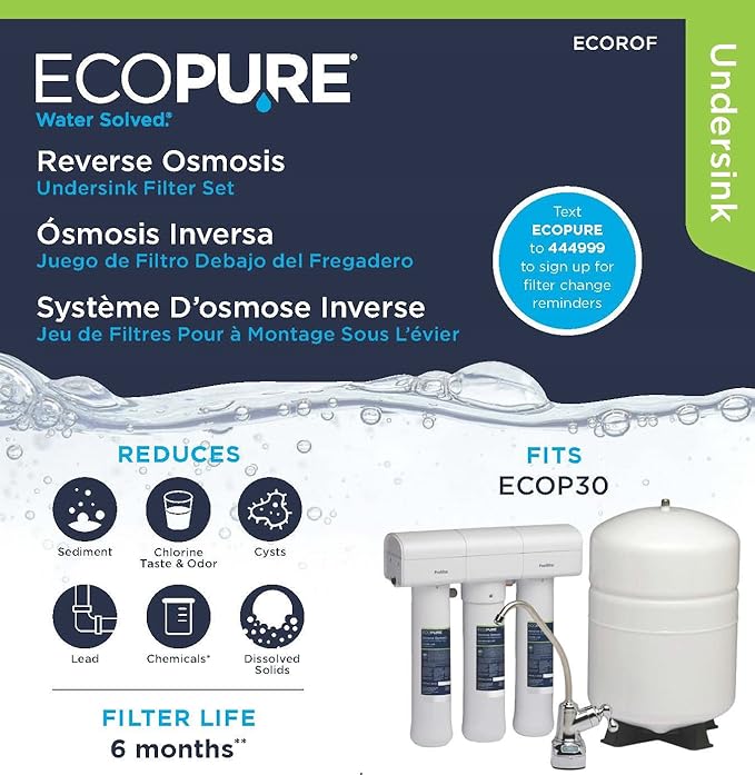 EcoPure ECOROF Reverse Osmosis Replacement Filter Set – Fits ECOP30 & Select Kenmore RO Systems – NSF-Certified – Reduces Lead, Chlorine, TDS & More – 6-Month Life – Easy Filter Changes