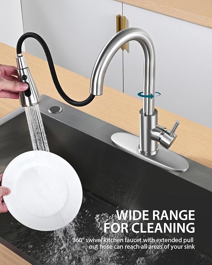 Hiqufet Kitchen Sink Faucet with Pull Down Sprayer with Deck Plate, Brushed Nickel High ArcFaucet, Stainless Steel Modern RV Bar Sink Faucets for Pot Filler, Farmhouse Camper Bar Laundry Room