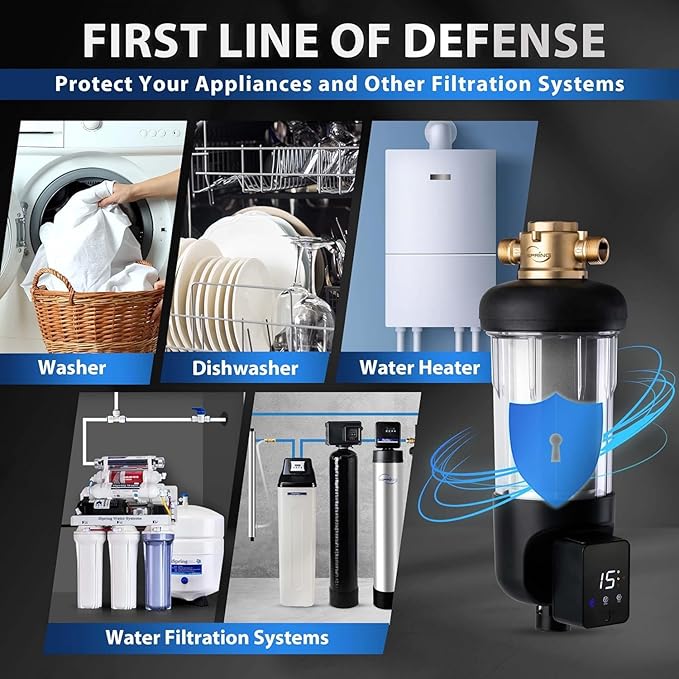 iSpring WSP100ARJ Spin-Down Sediment Water Filter, Upgraded Jumbo Size, Large Capacity, Reusable with Touch-Screen Auto Flushing Module, Brass Top Clear Housing, 100 Microns
