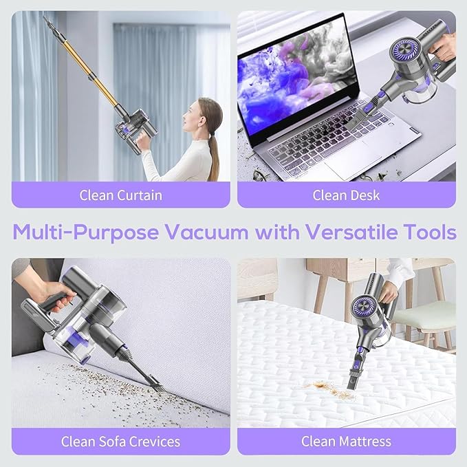 MBTTODF Cordless Vacuum Cleaner for Home & Pet Hair – Lightweight Stick Vacuum with 40-Min Runtime, Anti-Tangle Brush & LED Headlight, for Hardwood, Carpet & Tile(Yellow-Purple)