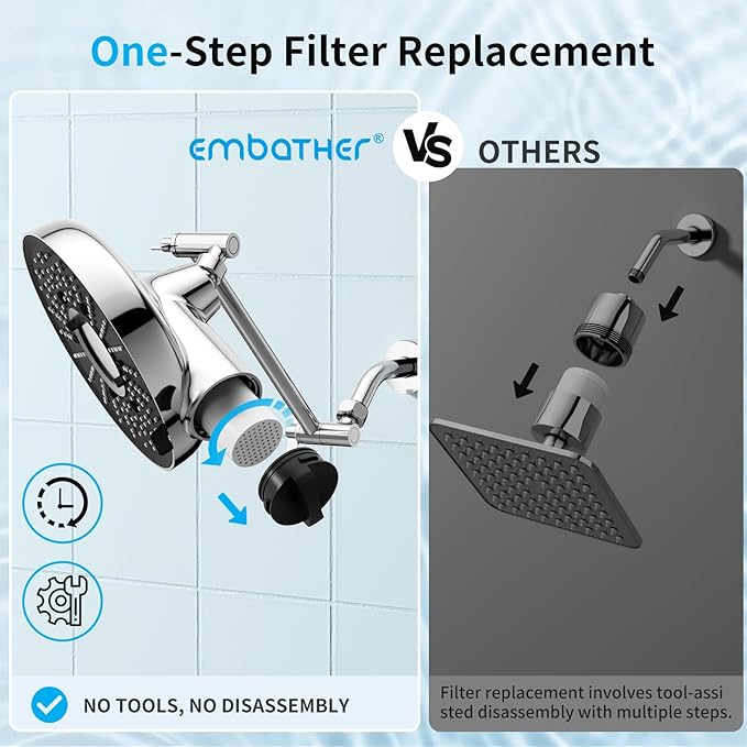 Filtered Shower Head with Extension Arm - EMBATHER 8 Inch High Output Showrhead with 3 Spray Settings, 18 Stage Filter for Hard Water, 11" Adjustable Arm, Brass Swivel Ball Jiont, Chrome