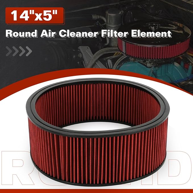 PTNHZ Red Round Air Cleaner Filter Element High Flow Replacement With Chevy Buick Ford GMC Oldsmobile Pontiac (14" x 5")
