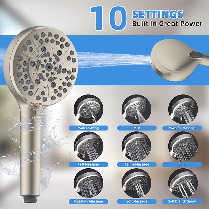 All Metal Shower Head, 8" High Pressure Rainfall/Handheld Shower Combo with 11" Extension Arm, 10-Spray Handheld Showerhead, 71" Long Hose, 3-Way Diverter Valve, Brushed Nickel
