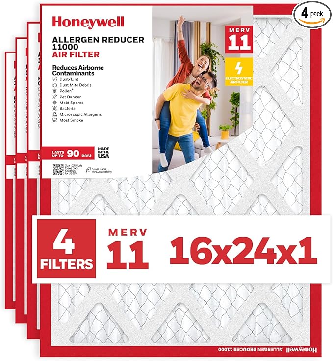Honeywell 16x24x1 MERV 11 Allergen Reducer 11000 Electrostatic Pleated HVAC AC Furnace Air Filter (4-Pack) | Replacement Filter for Home Use | Made in USA