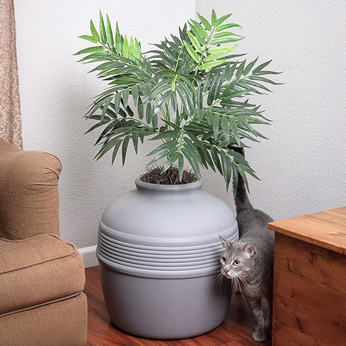 Good Pet Stuff Hidden Litter Box Planter, Decorative Cat Litter Enclosure with Carbon Filter & Faux Plant, Made in USA, Odor Control, Improved Design, NEW Round Style, Base Kit, Pebble Gray