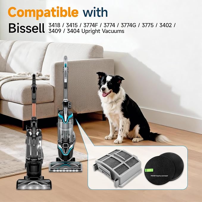 39883 3418 Filter for Bissell Pet Hair Eraser 39883 3418 3774F 3409 3774 3774G 3775 3415 3404 3402 SurfaceSense Vacuums，3Filter+6cotton+1brush
