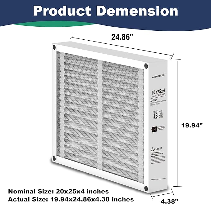 2Pack 20x25x4 AC Furnace Air Filter Compatible with Honeywell FC100A1037, MERV 13 HVAC Filter Replacement, Actual Size:19.94"x24.86"x4.38"