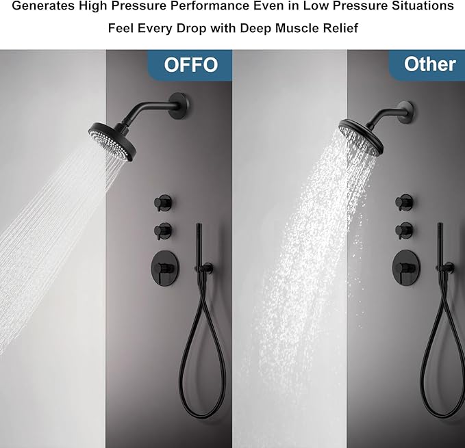 OFFO Shower Head, High Pressure Shower Head with 6 Mode, Fixed Showerheads for Strong Water Flow & Relaxing Shower Experience, Matte Black