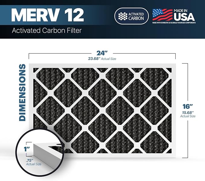 BNX TruFilter 16x24x1 MERV 12 Odor Defense (2-Pack) AC Furnace Air Filter with Activated Carbon - MADE IN USA - Pleated Air Conditioner HVAC AC Furnace Filters - Removes Odor, Mold, Bacteria, Smoke