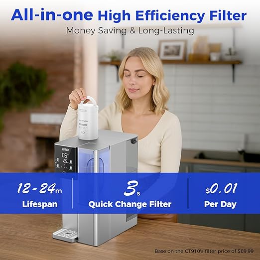 CT910G Countertop Reverse Osmosis Water Filter System, 7-Stage RO Water Filtration System, 528 Gallons Water Dispenser, 3:1 Pure to Drain, NSF 372,42,58, Reduce TDS PFAS, No Installation