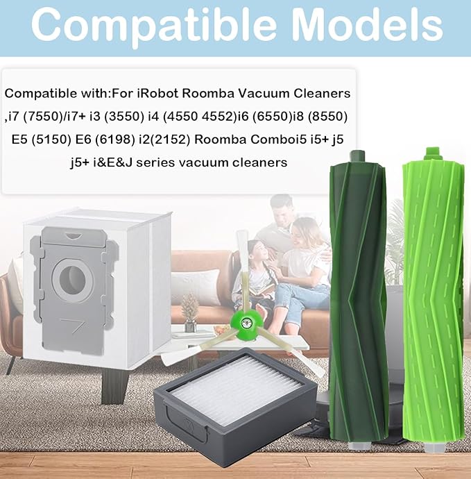19 Pack of replacement parts, Suitable for iRobot Roombai3 i3+ i7 i7+ i4+ i5 i5+ j5 j5+ i6 i6+ i8 i8+ i2 J7 E5 i&E&J series vacuum cleaner, 1 Set Rubber Brushes 6 filters, 6 edge brushes, 4 dust bags