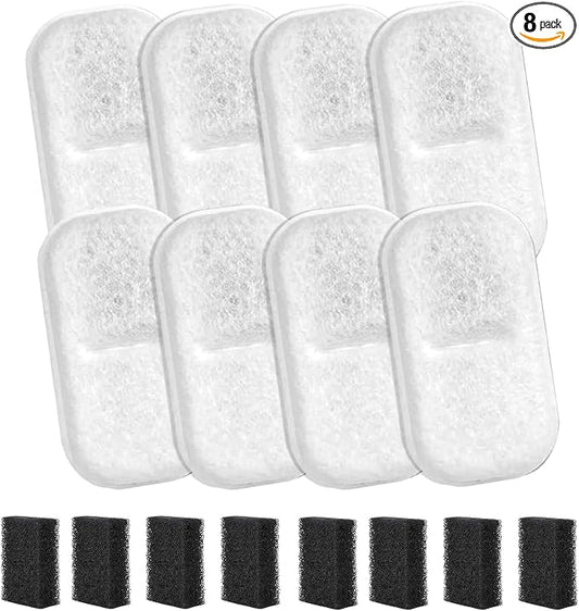8+8 Packs Cat Water Filters Replacement for 108Oz/3.2L & 67Oz/2L Stainless Steel Pet Water Dispenser, Cat/Dog Indoor Water Dispenser Fountain for Most Pet Water Fountains 8 Filters & 8 Sponges