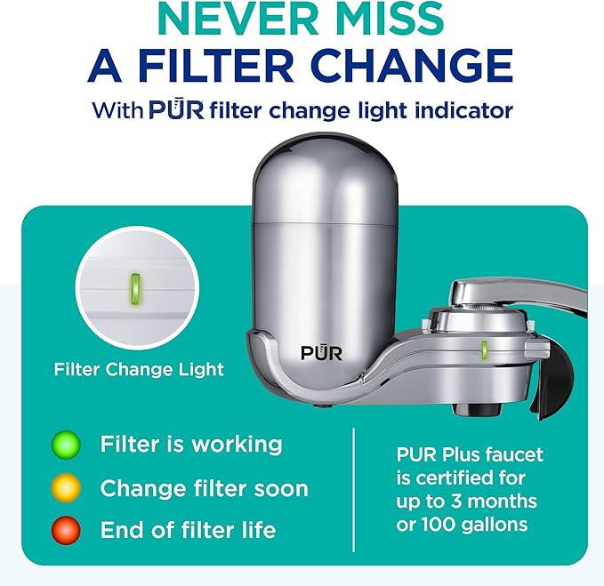 PUR Plus Vertical Faucet Mount Water Filtration System, Lead-Reducing Filter, Great-Tasting, Easy Install, Lasts 100 Gallons, Faucet Water Filter, Compatible with Sinks with External Aerators, Chrome