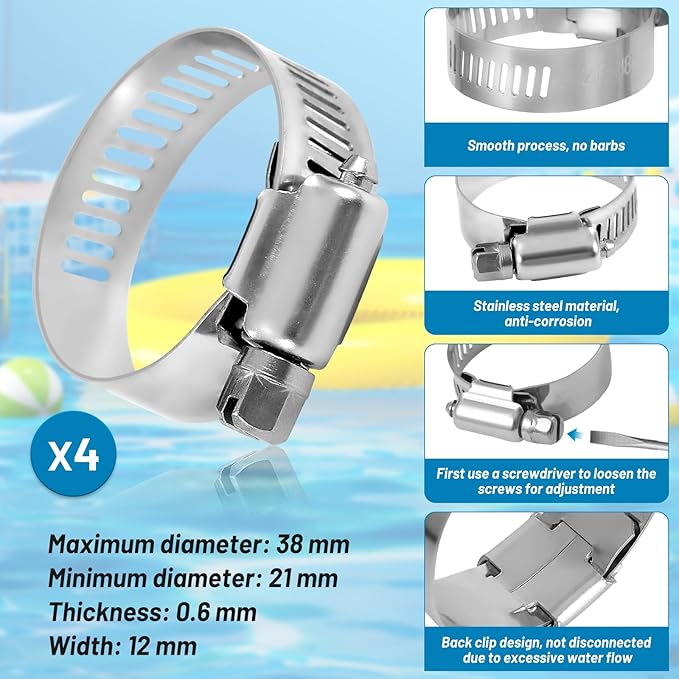 1.25" x 59" Pool Hoses for Above Ground Pools - Pool Pump Replacement Hose Compatible with In tex Pump Model #607/#637, 2 Pack with 4 Hose Clamps