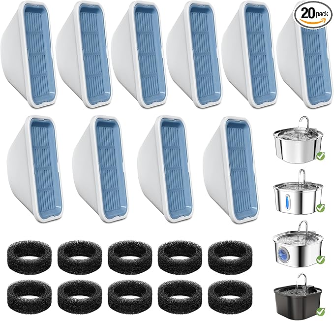 20 Pack Cat Water Fountain Filters for 3.2L/108oz & 84oz/2.5L Pet Water Fountain,Replacement Filters 10 Pack with 10 Pack Filter Sponges