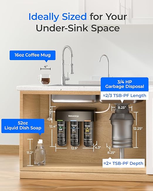Waterdrop TSB-PF Under Sink Water Filter, Reduces 80+ Impurities-PFAS, Chlorine, Chloramine, Fluoride, Taste&Odor, VOCs, Chloroform, 9 Layer Under Sink Water Filtration System,with A Separate Faucet