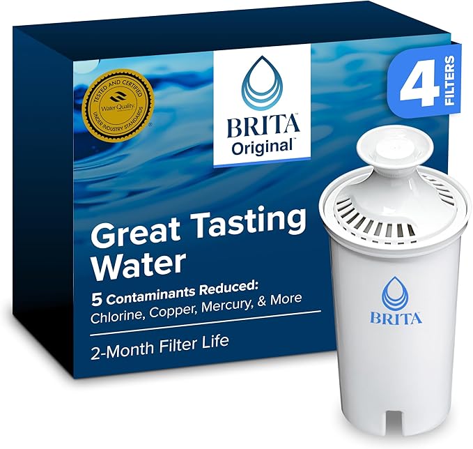 Brita Standard Water Filter for Pitchers and Dispensers, BPA-Free, Reduces Copper, Cadmium and Mercury Impurities, Lasts Two Months or 40 Gallons, Includes 4 Filters for Pitchers