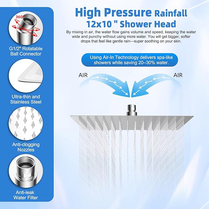 12" All-Metal High-Pressure Rain Shower Head with Handheld - 10-Spray Power Wash with Filter Element, Easy Reach 4-Way Diverter and Adjustable Holder, Flexible 16" Extension Arm and 71" Hose, Chrome
