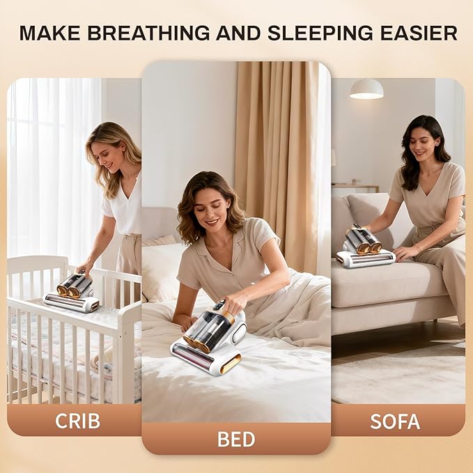 Cordless Mattress Vacuum Cleaner, 16Kpa Bed Vacuum with 253.7nm UV-C Light & Ultrasonic Tech, HEPA Filter, Portable Handheld Vacuum for Bed Sofa Couch Crib & Pet Hair (White)