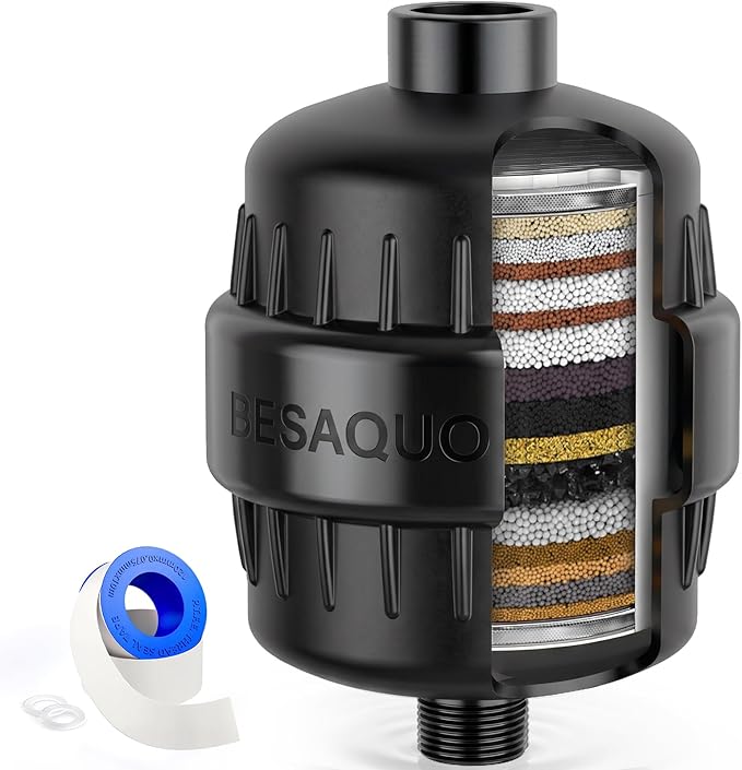 BESAQUO Shower Filter Head for Hard Water, Remove Chlorine, Heavy Metals, for Softer Skin, Shinier Hair and Stronger nails, with 20 Filtration Stages (Matte Black)