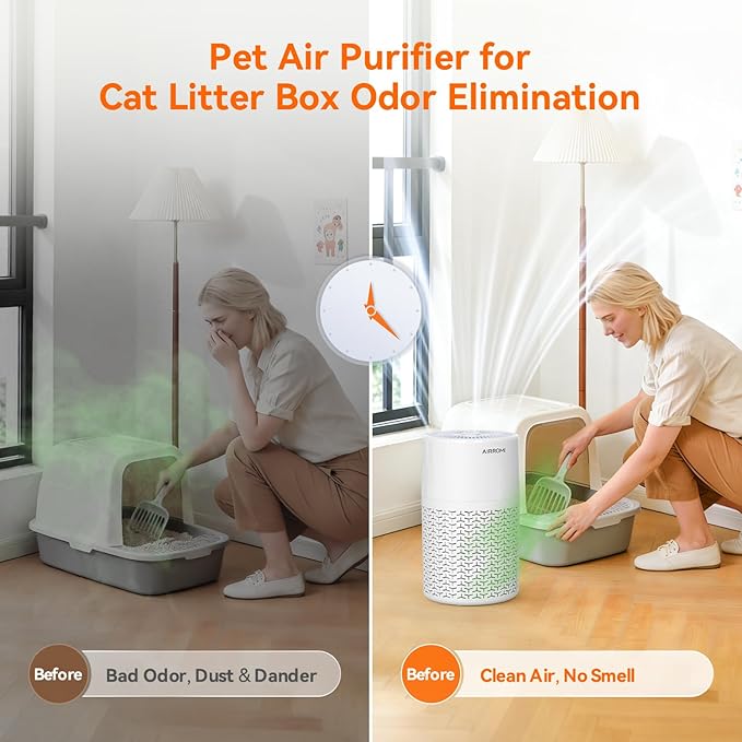 AIRROMI Pets Air Purifier for Home Allergies,Up to 660 ft². HEPA Deodorizing Activated Carbon Filter,With Fragrance Sponge for Better Sleep,Night Light,Pet Dander,Smoke,Odors,Air Cleaner A2002 White