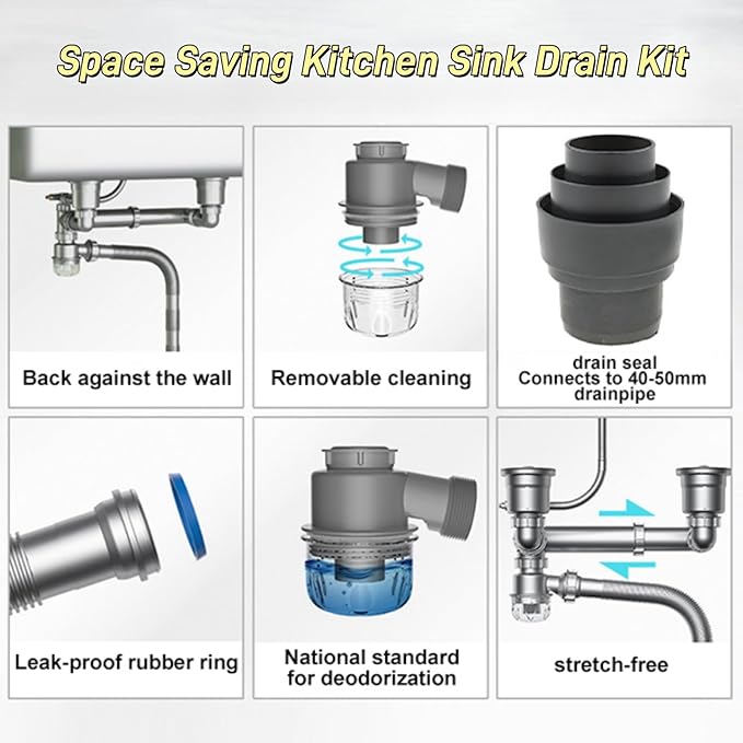 Double Sink Drain Kit Space Saving Kitchen Sink Drain Kit Expandable Flexible 1 1/2" P-Trap Pipe Comes with 4-Way Fitting Adapter for Water Filter and Dishwasher