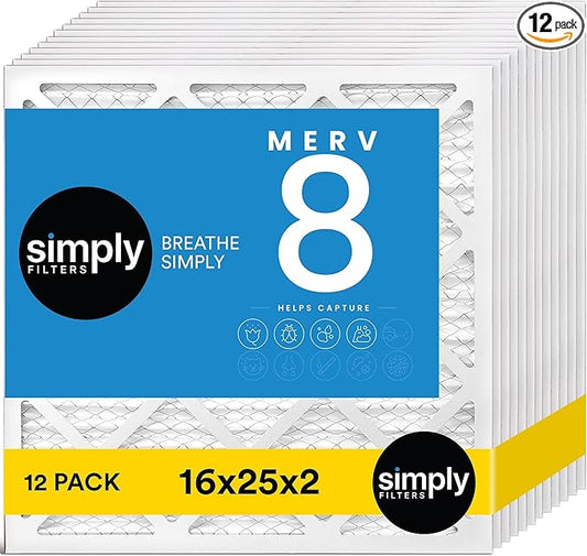 Simply 16x25x2 Air Filter, MERV 8, 12 Pack, Furnace Air Filter for HVAC (Actual Size:15.5"x24.5"x1.75") DUST, Pet, & Allergy Control