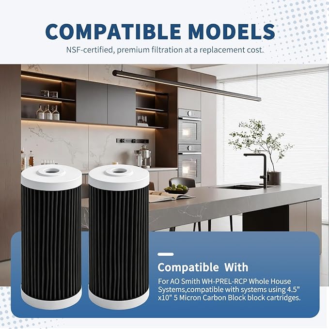 Water Filter Replacement Cartridge compatible with AO Smith WH-PREL-RCP Whole House Systems-4.5"x10" 5 Micron Carbon Block Replacement Water Filter Cartridge| Home Water Filtration (2pcs)