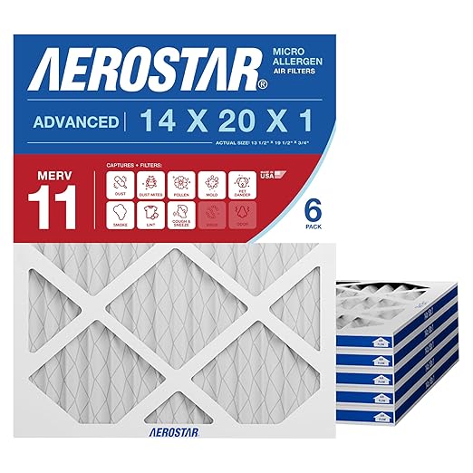 Aerostar 14x20x1 MERV 11 Air Filter, 6 Count, ACTUAL SIZE (13.50 x 19.50 x 0.75), HVAC, Air Conditioning & Furnace Filter for Dust, Pet Dander, Smoke & Allergies (MPR 1200 / FPR 7), Made in USA