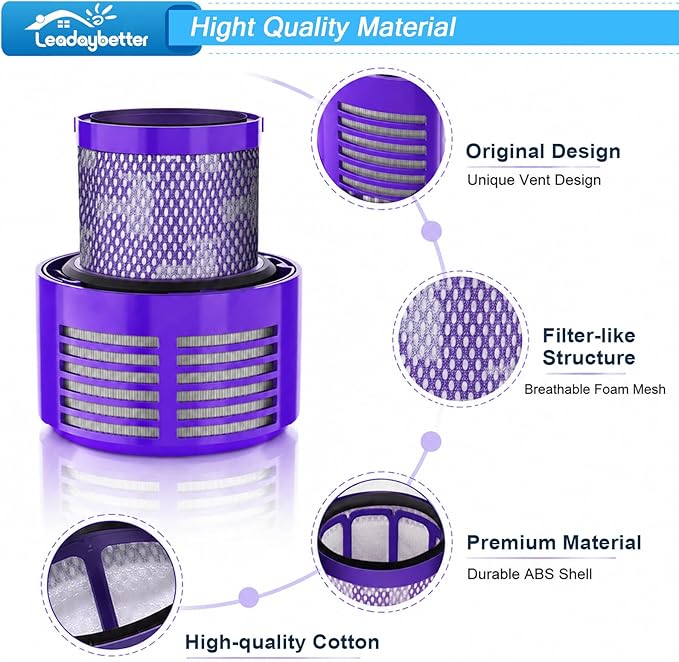 Leadaybetter Vacuum Filter Replacements for Dyson V10 Cyclone Series, V10 Animal, V10 Absolute, V10 Total Clean, SV12, SV27, Part No. 969082-01 (2 Pack Filters and 1 Clean Brush)