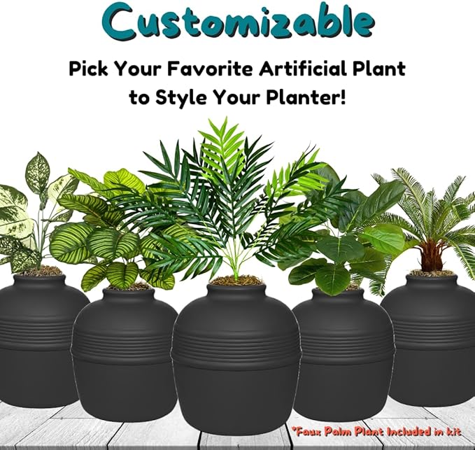 Good Pet Stuff Hidden Litter Box Planter, Decorative Cat Litter Enclosure with Carbon Filter & Faux Plant, Made in USA, Odor Control, Improved Design, NEW Round Style, Base Kit, Matte Black