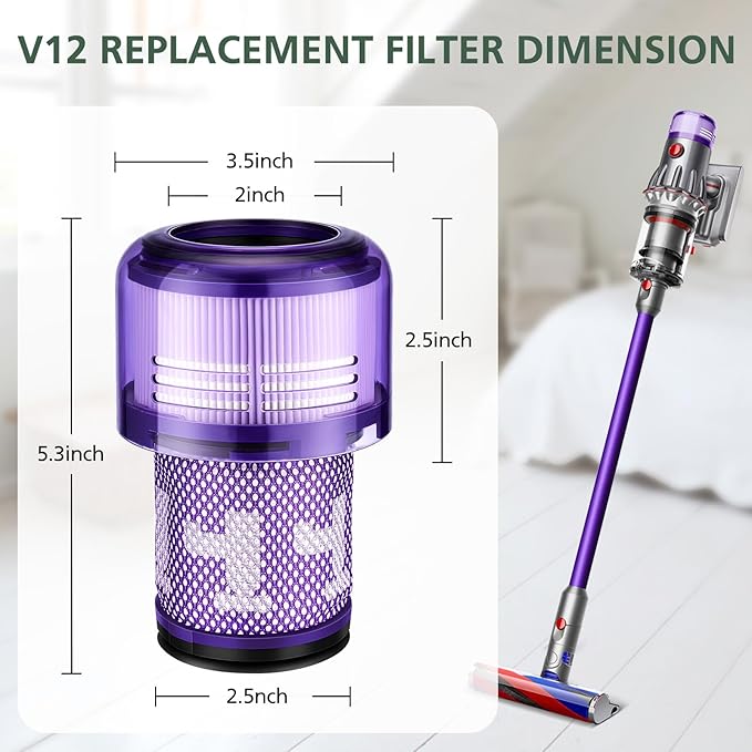 V12 Filter Replacements for Dyson V12 Detect Slim, Detect Slim Animal, Slim+ Cordless Vacuum and V12 Slim Absolute Vacuums, SV34, SV35 V12 Vacuum Cleaner Filter Replacement, Part No. 971517-01, 3 Pack