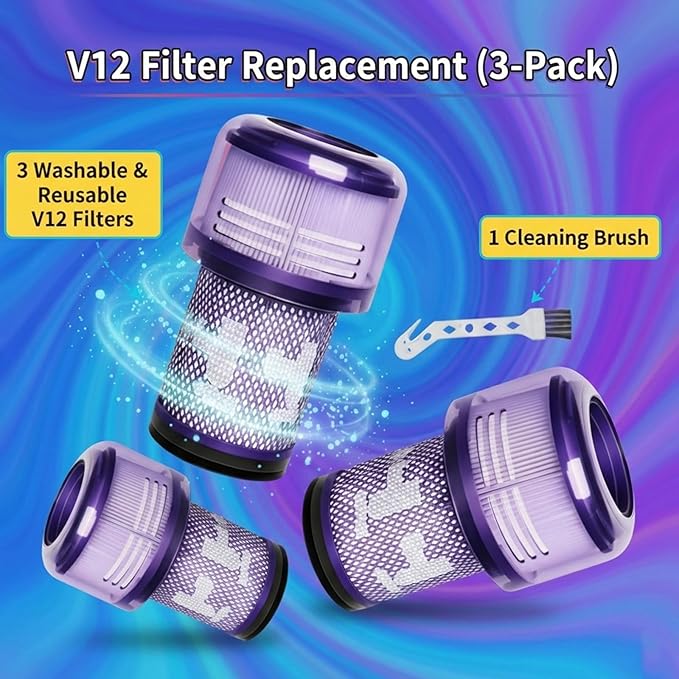 3 Pack Filter Replacement Compatible for Dyson V12 Detect Slim, V12 Slim, SV30, SV46, SV34, SV35 Cordless Vacuum, Part # 971517-01 Parts, 1 Cleaning Brush【NOT for SV12 / V15】