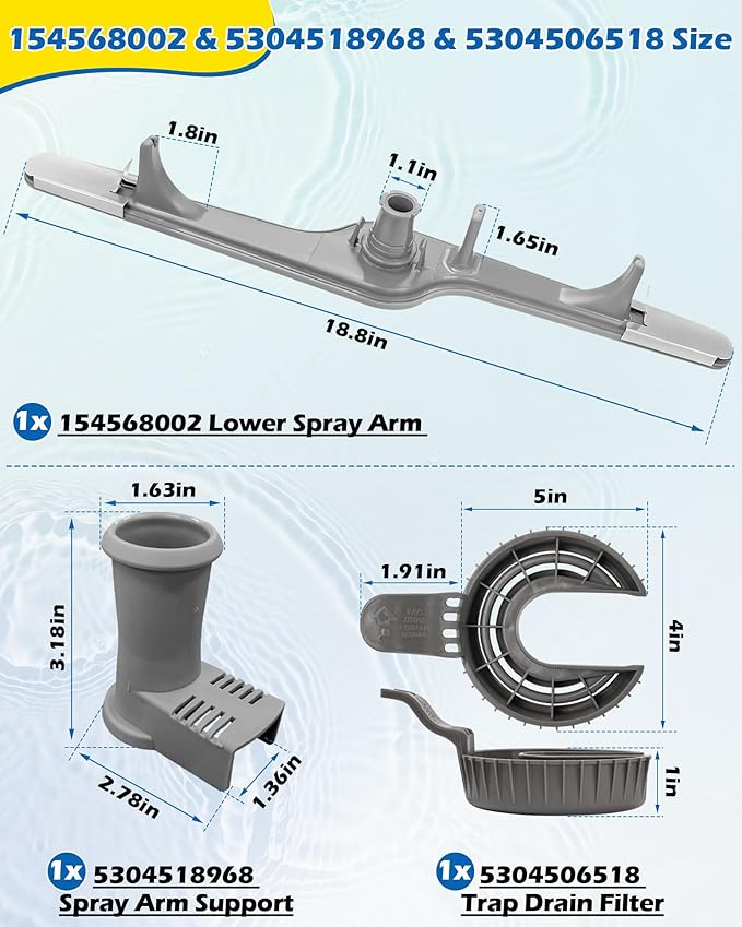154568002 Dishwasher Lower Spray Arm -Complete with 5304518968 Support & 5304506518 Filter-Compatible with Frigidaire Electrolux Dishwasher Bottom Lower Spray Arm 5304517203 154250901 154414101