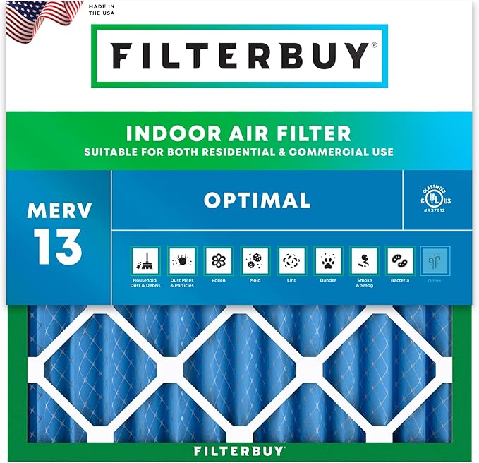 Filterbuy 12x12x2 Air Filter MERV 13 Optimal Smoke & Allergy Defense (1-Pack), Electrostatic Pleated HVAC AC Furnace Filters Replacement, Made in USA (Actual Size: 11.50 x 11.50 x 1.75)