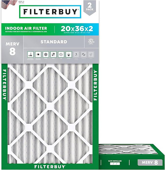 Filterbuy 20x36x2 Air Filter MERV 8 Essential Dust & Allergy Defense (2-Pack), Electrostatic Pleated HVAC AC Furnace Filters Replacement, Made in USA (Actual Size: 19.50 x 35.50 x 1.75)