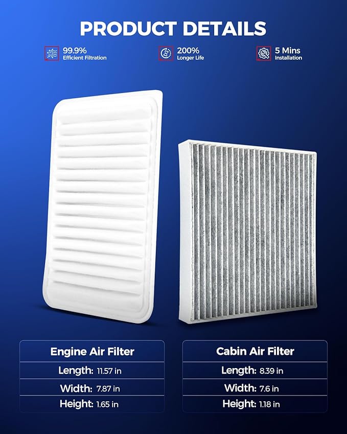 KAX Engine & Cabin Air Filter Kit, Replacement for Toyota Camry GAS 2007-2009 L4 2.4L, 2010-2017 L4 2.5L, Venza 2009-2015 L4 2.7L, Replace# CA10171 CF10285